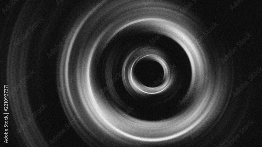 Fototapeta premium Abstract monochrome vortex vector. Grainy spiral light burst with radial halftone texture. Perfect cosmic space background, dynamic motion blur, and minimalist dark gradient aesthetic illustration.