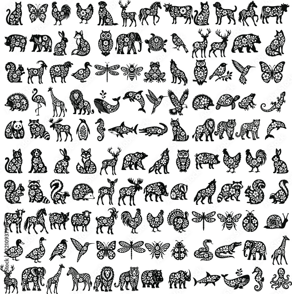 Obraz premium Floral animal vector clipart set in black silhouette style, combining animal shapes with botanical flower patterns, perfect for nature-inspired designs, wall art and papercraft projects.