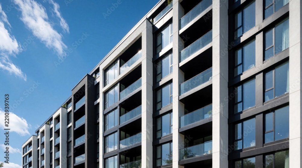 Fototapeta premium Modern multi story apartment building with large windows, glass balconies. Luxury residential complex facade features contemporary architecture, white concrete walls. New urban housing estate rises