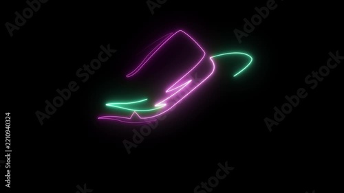 Dual neon line of a stylized hand and hat in green and pink on black