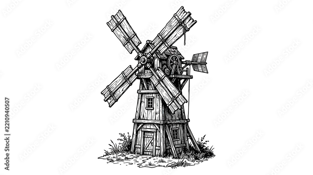 Obraz premium Rustic Wooden Windmill Illustration