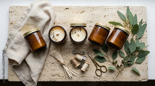 Natural Candles and Craft Supplies on Stone Slab