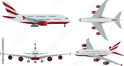 Commercial Airplane Vector Illustration Set Featuring Passenger Jet Airliner from Side Front Top and Perspective Angles for Travel and Aviation Design