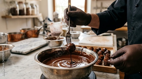 Professional Chocolatier Stirring Thick Chocolate Ganache in Kitchen