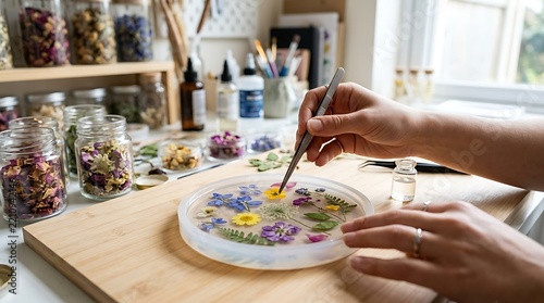 Creative Floral Pressing Artist Arranging Dried Flowers on Transparent Plate