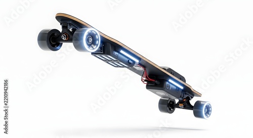 Modern electric skateboard hovering with illuminated wheels, showcasing advanced personal mobility technology and sleek design for urban commuting and recreation