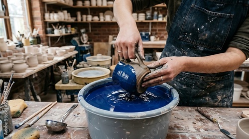 Skilled Pottery Artist Pouring Bright Blue Glaze Into Pottery