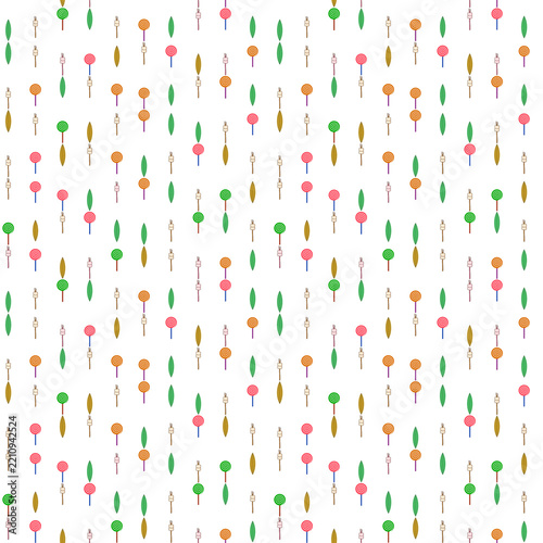 Seamless pattern of lollipops, marshmallows, and leaves