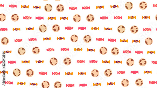 Seamless pattern of wrapped candies and round cookies