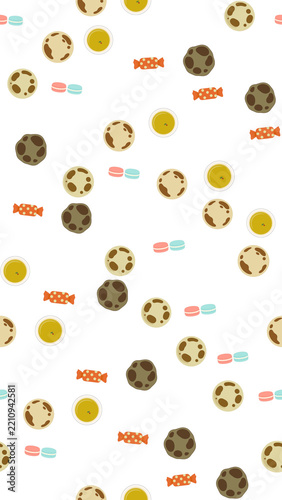 Sweet treats pattern with cookies, macarons, and tea cups
