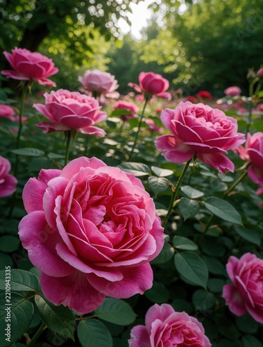 Beautiful pink roses bloom in summer garden. Close up view of many large rose flowers with green leaves. Floral background features bright blossoms in sunlit park. Natural beauty of pink rose bush in