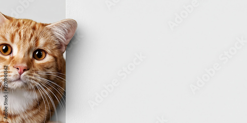 A cute orange tabby cat peeking out from behind a blank white surface, its eyes wide and curious