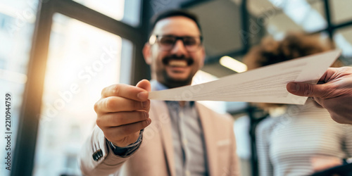 A smiling man in a suit hands over a document to another person in an office environment