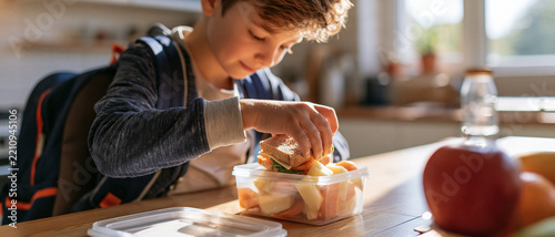 A young boy is packing his lunch for school, carefully placing sliced carrots into a clear plastic container. The scene is set in a brightly lit kitchen, with a backpack visible.
