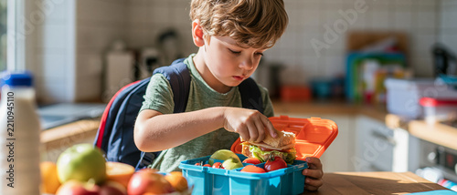 A young boy with a backpack prepares his lunchbox, filled with colorful fruits and sandwiches, in a sunlit kitchen. He is focused on assembling his meal, possibly for school