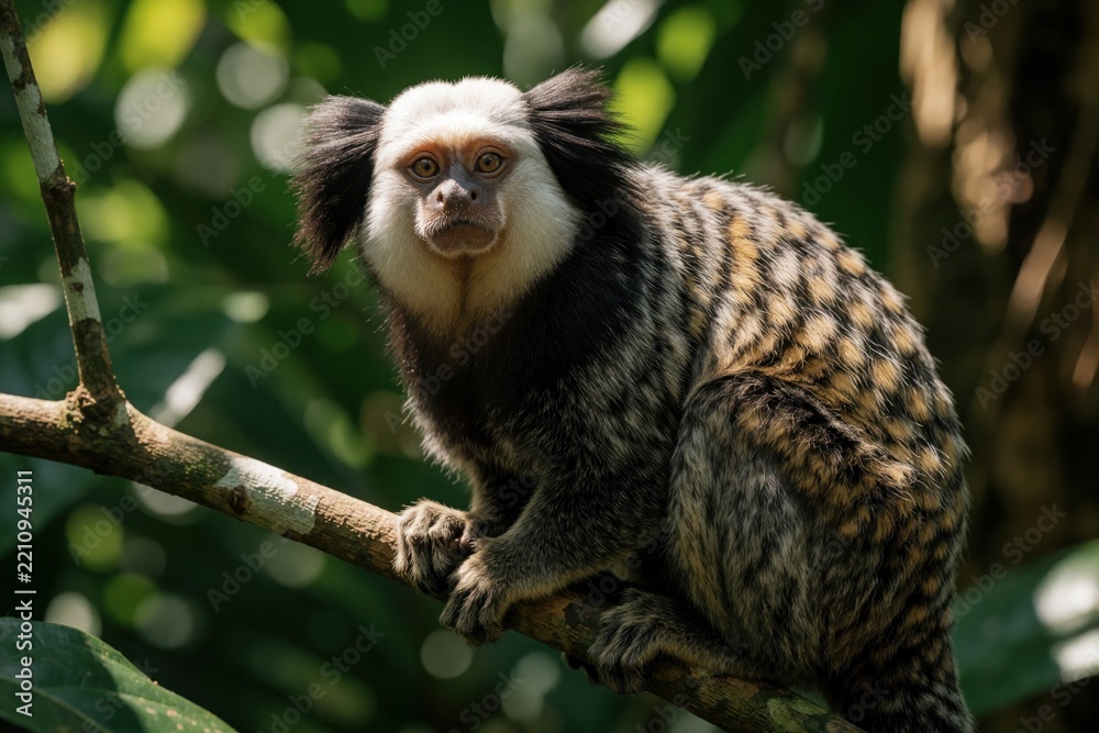 Obraz premium Black tufted marmoset sits on tree branch in tropical jungle. Small primate with white face, spotted fur looks at camera. Wild monkey lives in forest habitat among green leaves. Close up portrait of
