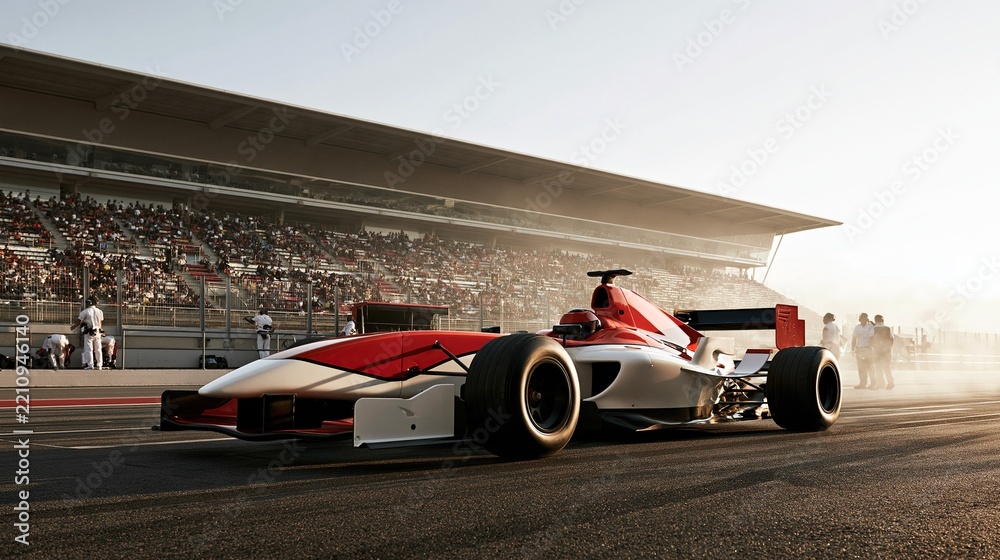 Obraz premium Red and white formula one race car parked on asphalt track with spectators in grandstands on sunny race day professional motorsport concept