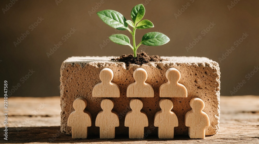 Naklejka premium Small green plant grows from concrete block with wooden human figures. Symbol of business growth, team resilience, ethical workforce structure. Concept of organic development, corporate social