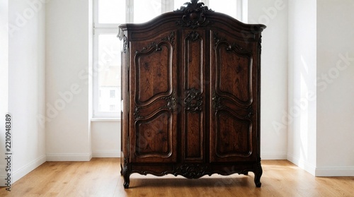 Antique dark wood armoire stands in bright room with sunlight. Large vintage wooden wardrobe features ornate carvings, double doors. Elegant classical furniture piece provides storage for clothes in
