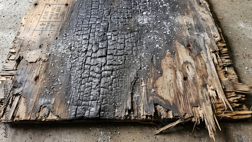 Heavily burnt plywood board with deep black charring and splintered edges