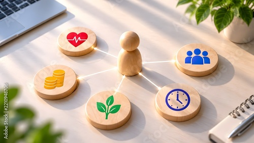 A wooden human figure connected to icons of health money time and community representing human resources employee benefits and core values.