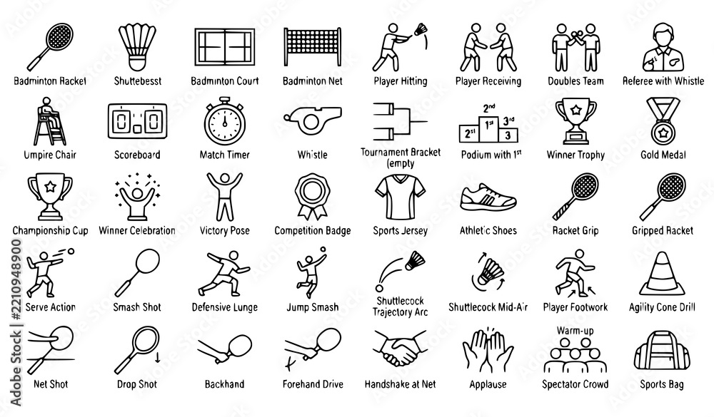 Obraz premium Badminton Competition Line Icon Set – Tournament Racket Player and Shuttlecock Vector