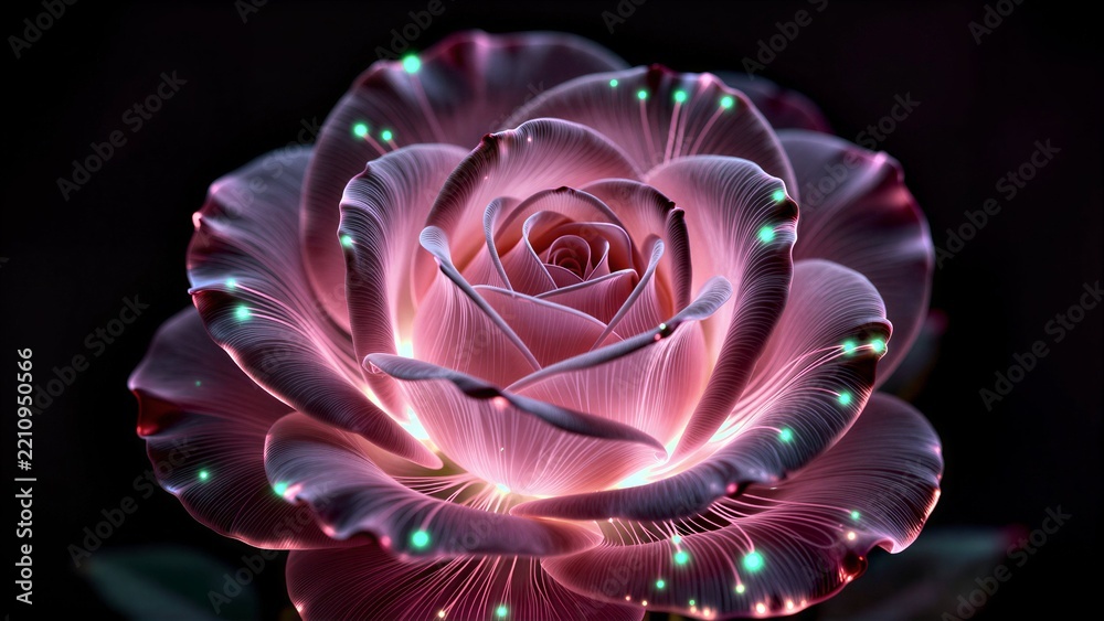 Naklejka premium A glowing pink rose with green sparkles against a dark background.