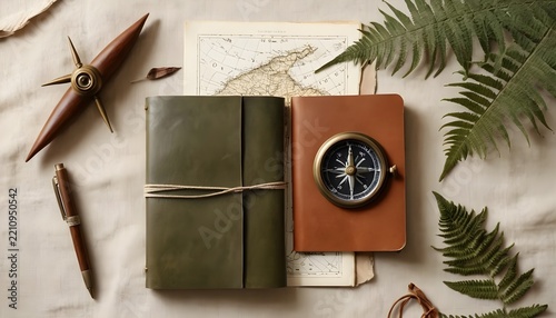 Vintage Leather Journal Compass Map Pen And Fern Leaves On Flat Background