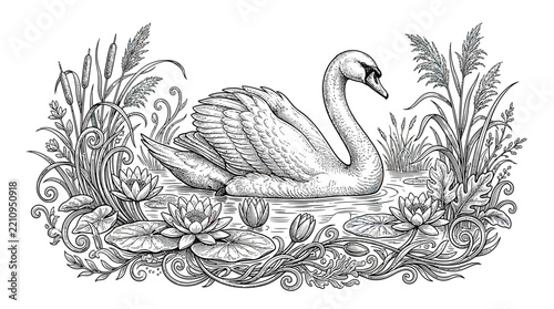 Elegant Swan Swimming Among Water Lilies and Reeds