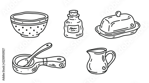 Hand-drawn kitchen utensils and containers isolated