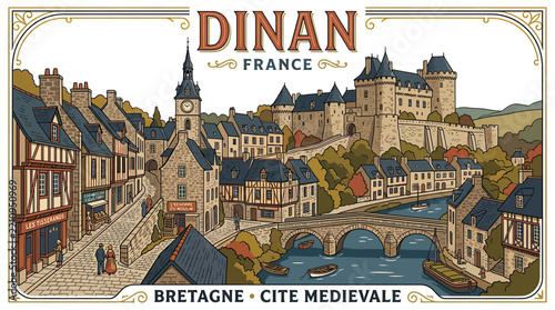 Medieval European Town Illustration with Castle and River