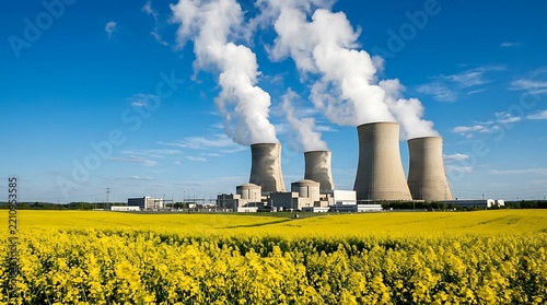 Industrial nuclear power station with cooling towers emitting steam in a yellow flower field landscape