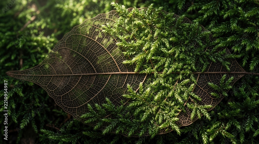 Obraz premium Macro shot of skeleton leaf with detailed vein structure. Green moss grows over dried leaf on forest floor. Natural organic texture shows intricate plant patterns. Small fern fronds overlap brown
