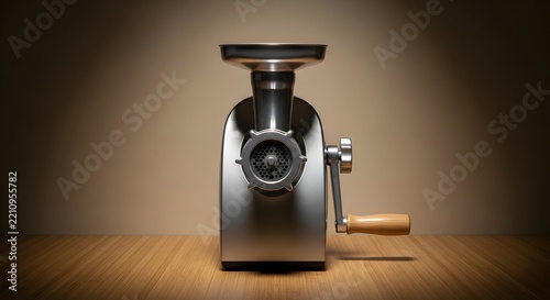 Manual Stainless Steel Meat Grinder on Wooden Countertop for Kitchen Processing
