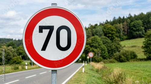 Round speed limit sign showing 70 on a road in a rural landscape with trees and hills
