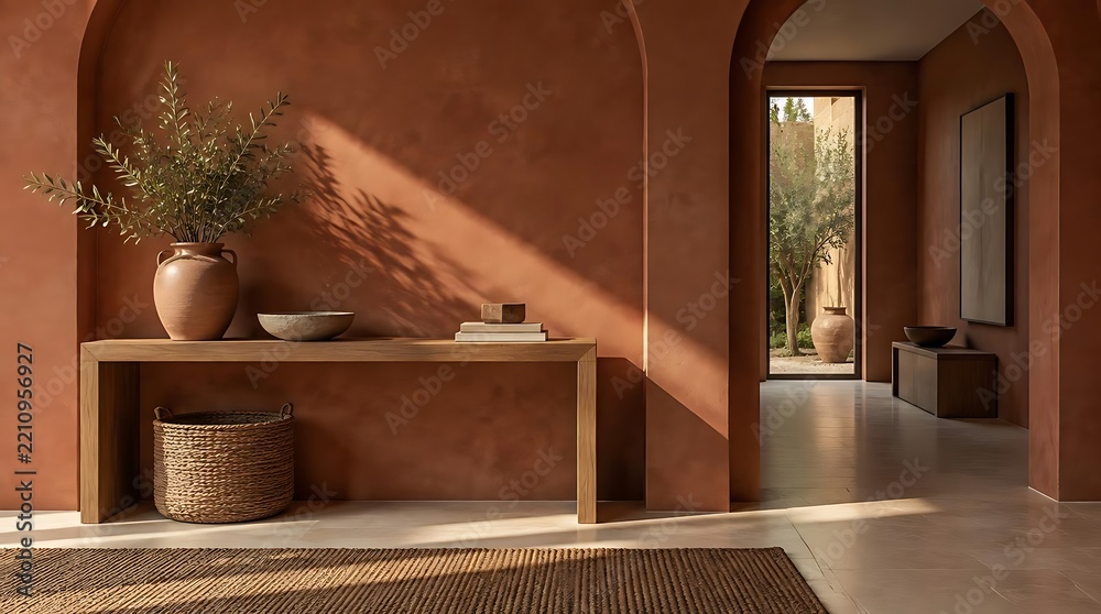 Obraz premium Modern minimalist interior design featuring terracotta walls and arched doorways with natural sunlight.