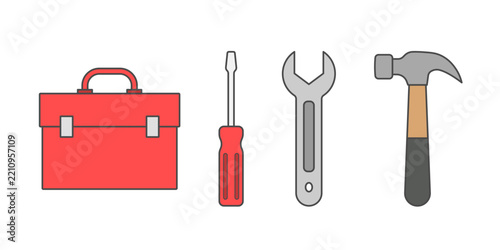 Home maintenance toolbox decorative element set featuring toolbox, screwdriver, wrench and hammer for handyman services, residential repairs, property maintenance and home improvement marketing design