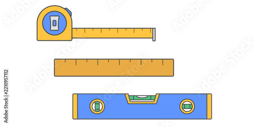 Home repair measuring tool decorative element set featuring measuring tape, ruler and level tool for handyman services, construction, renovation and residential maintenance designs.