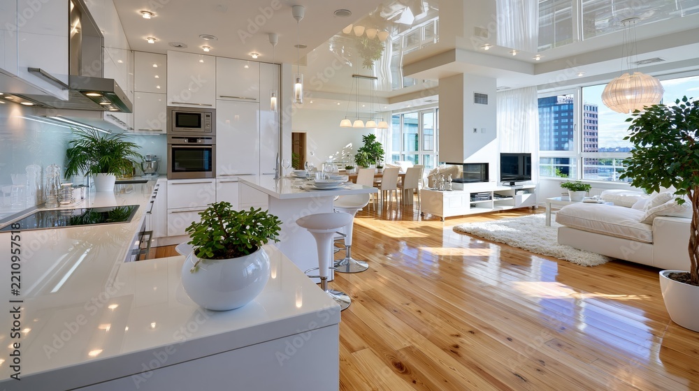 Obraz premium Modern open-plan kitchen and living room with white cabinetry, wooden floors, indoor plants, and.