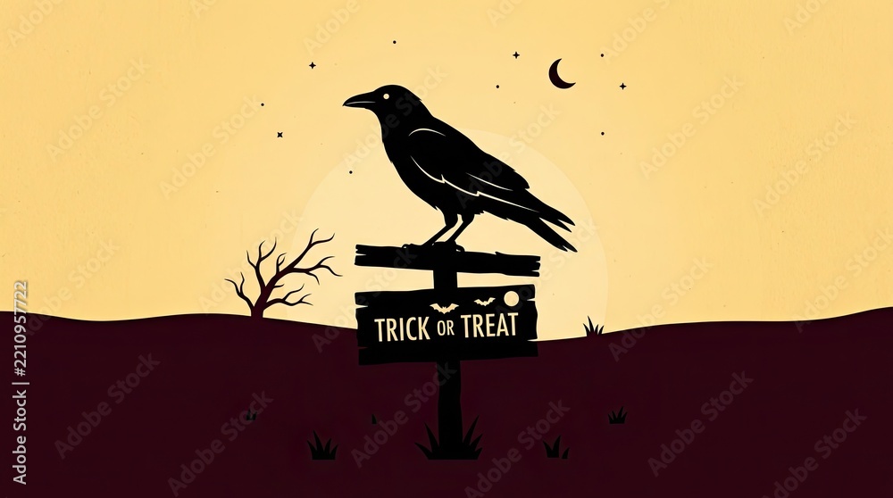 Obraz premium Spooky Halloween Illustration with Raven Silhouette Perched on Trick or Treat Wooden Sign under Moonlit Sky