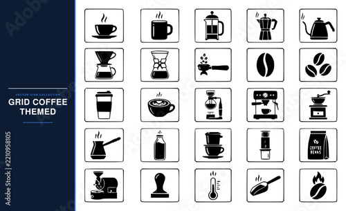 Grid collection of minimalist coffee themed vector icons set with simple line art design featuring simple design, minimalist, black and white with illustrations and graphics