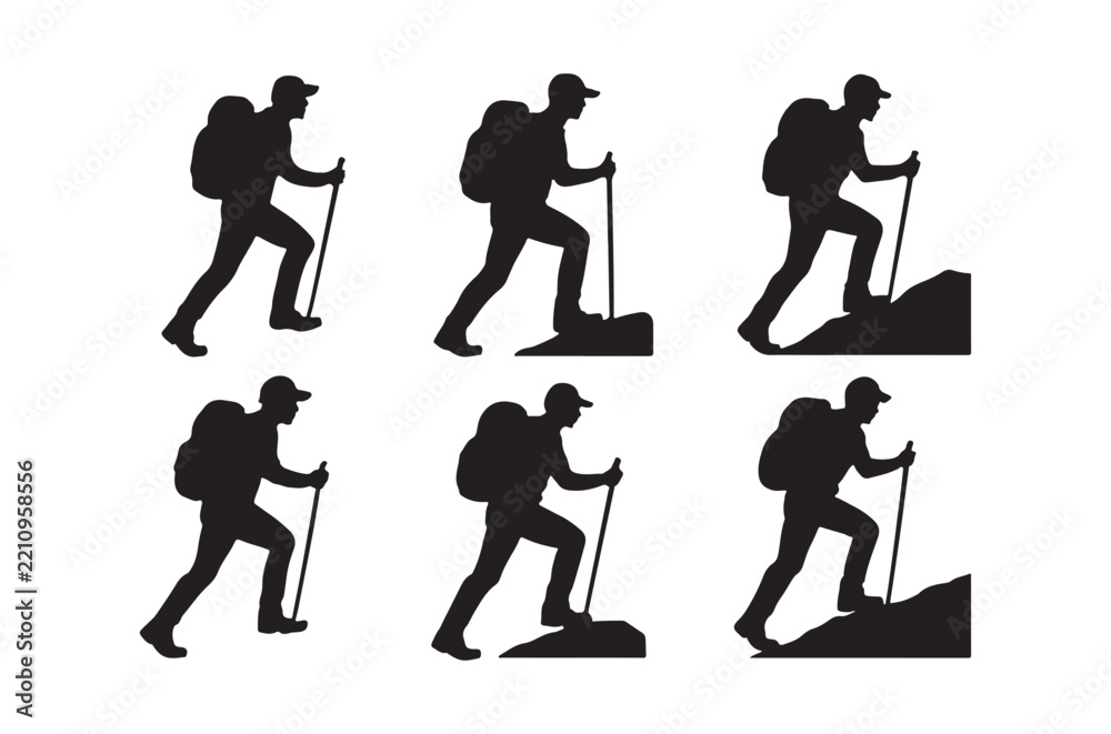 Fototapeta premium Hiking silhouettes of people with backpacks and trekking poles