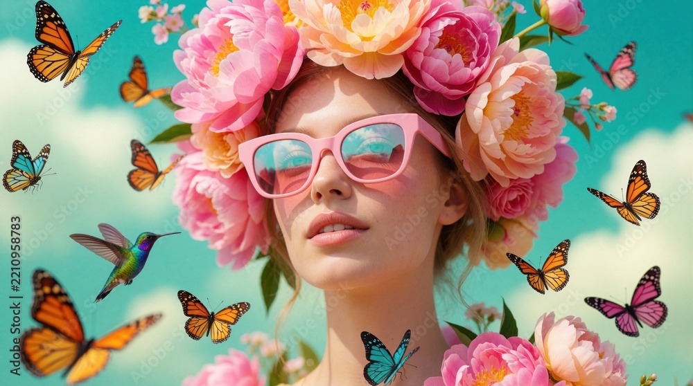 Fototapeta premium Young woman wears large pink sunglasses, massive floral crown made of pink peonies. Colorful butterflies, hummingbird fly around head in bright whimsical garden. Surreal fantasy portrait with vibrant