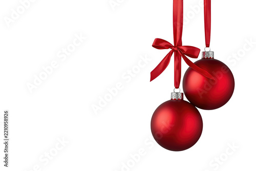 Three red christmas balls with ribbons