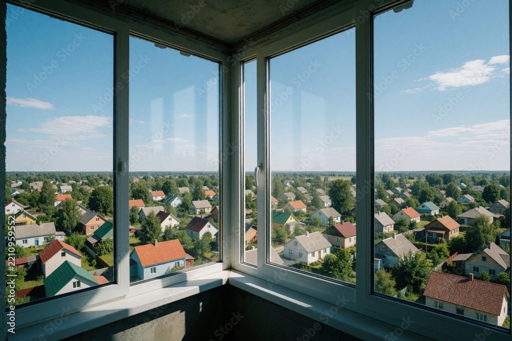 Fototapeta premium Modern apartment balcony with large glass windows. View of small village houses, green trees under bright blue summer sky. High floor terrace overlooks suburban residential area with rooftops, garden
