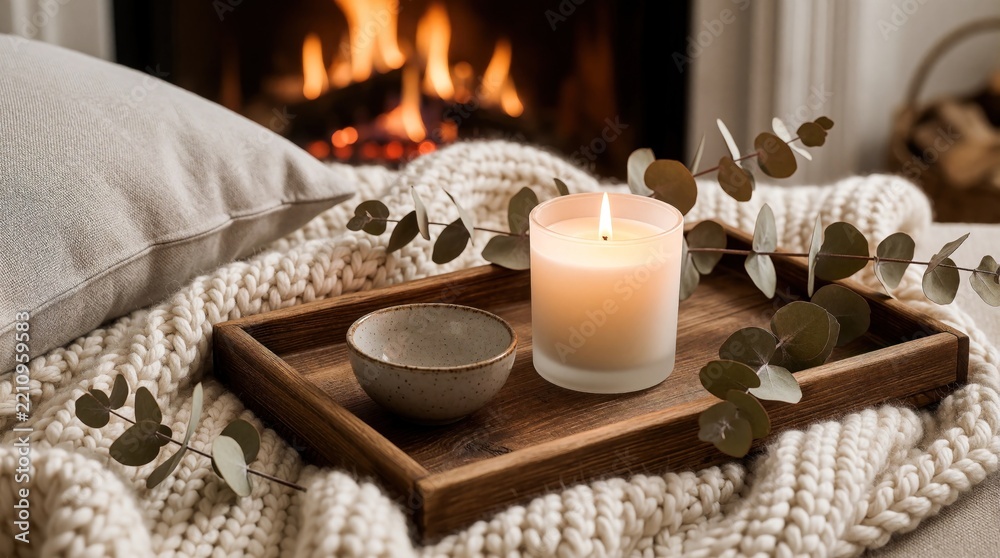 Fototapeta premium Cozy still life with lit scented candle on wooden tray. Eucalyptus leaves, knit blanket lie near warm fireplace. Relaxing hygge interior setup for home spa wellness. Peaceful autumn evening