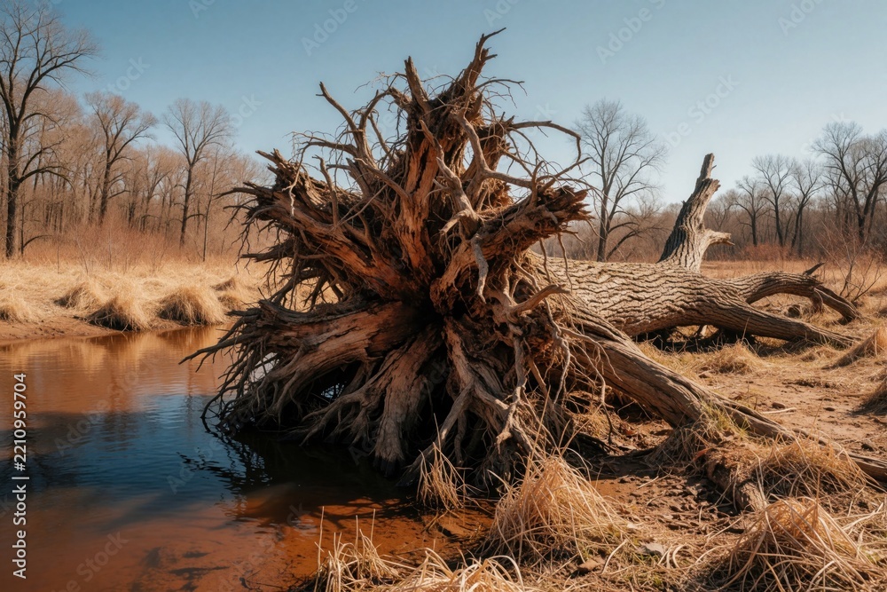 Obraz premium Uprooted tree with massive tangled roots lies on riverbank near calm water. Fallen trunk rests on dry grass in leafless forest. Natural wood texture, earth tones create rustic landscape scene during