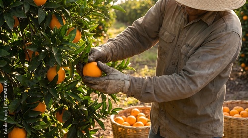 Hand Picking Fresh Oranges from Citrus Tree