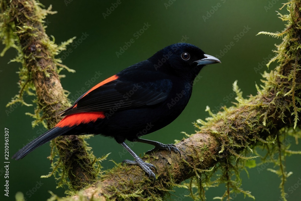 Obraz premium Scarlet-rumped tanager bird sits on mossy tree branch in tropical forest. Small black bird with bright red rump feathers perches in wild jungle. Close up of exotic wildlife in natural habitat during