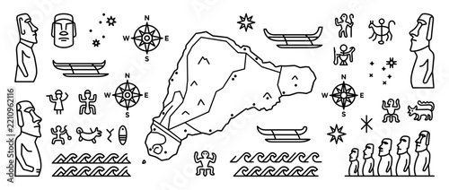 Isolated Polynesian Island Icons and Map Line Art